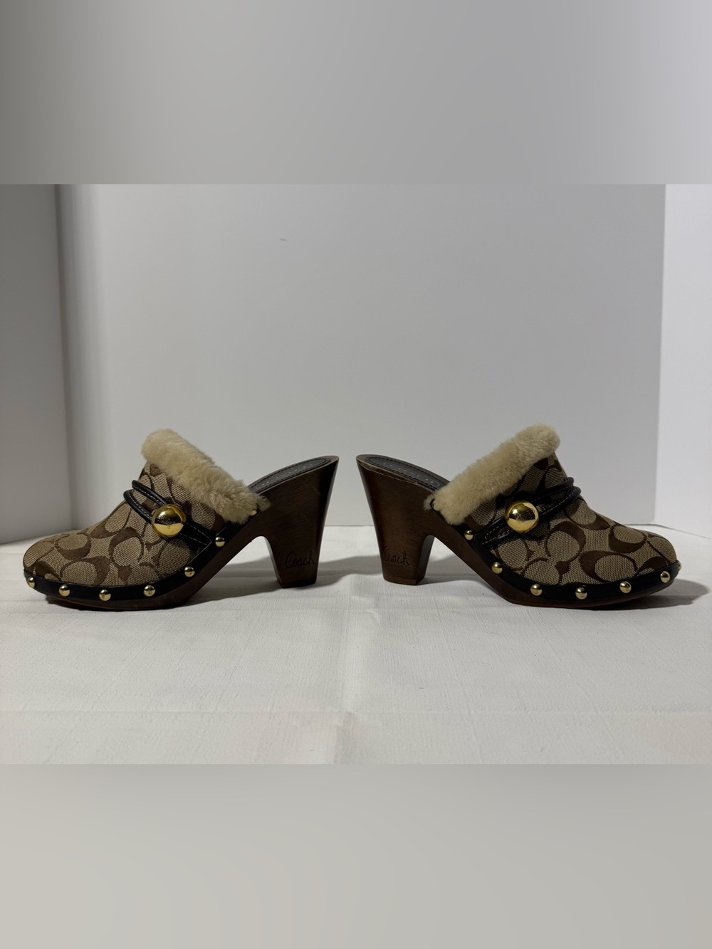 Coach Ivanka Signature C Shearling Trim Clog Mules Heels Size 6.5